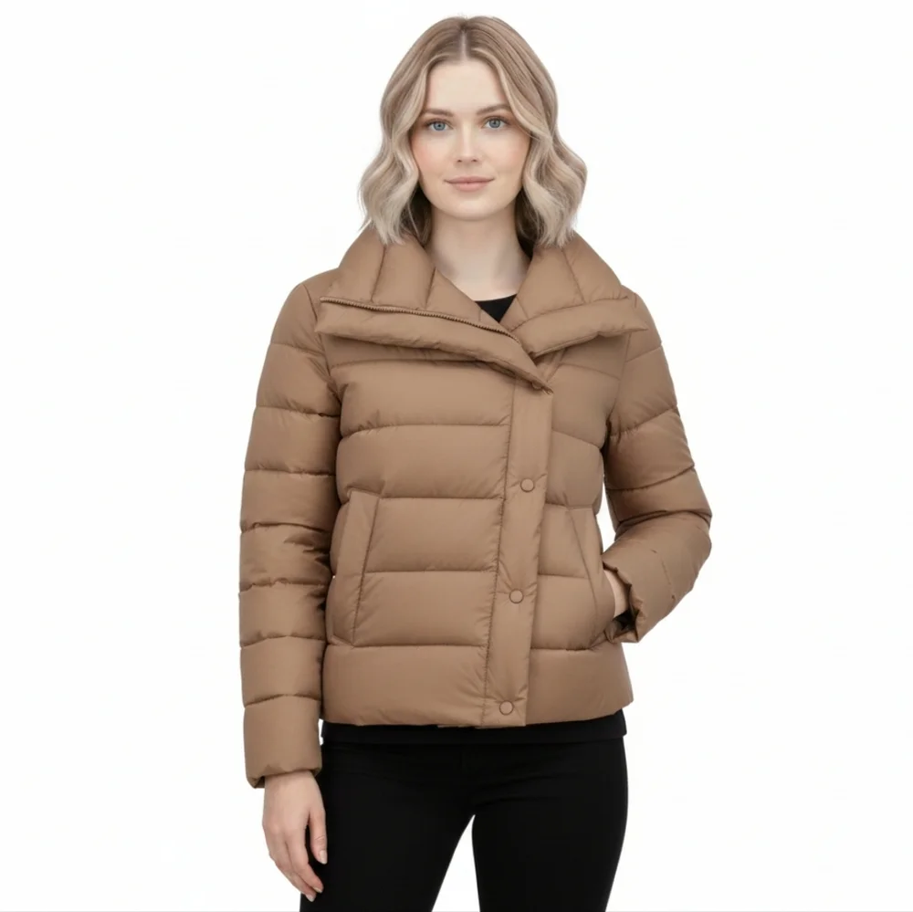 TAHARI Women's M (8) Asymmetrical Quilted Puffer Jacket Packable Caramel NWT